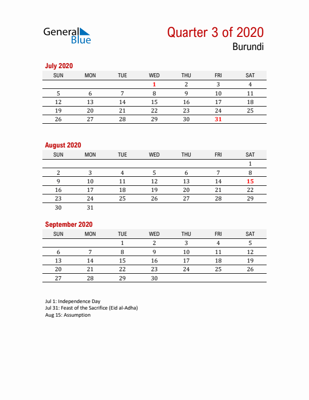 Printable Three Month Calendar with Burundi Holidays