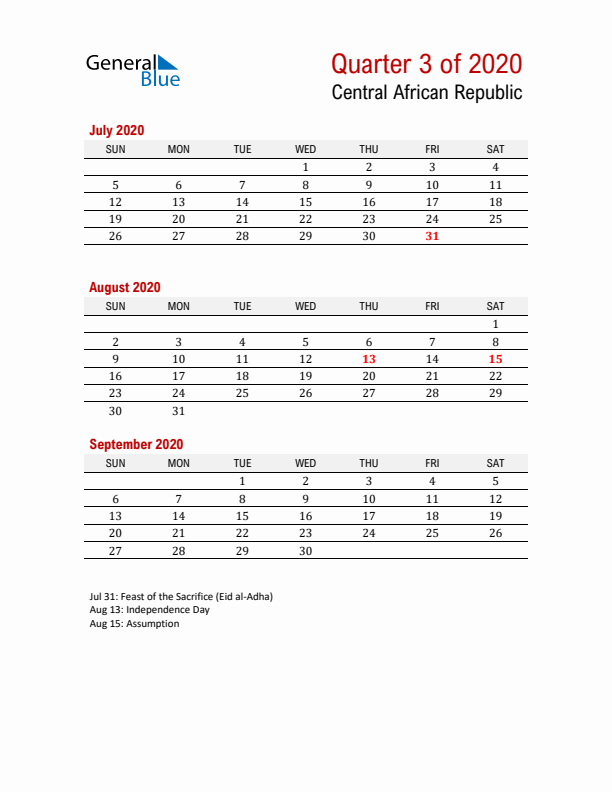 Printable Three Month Calendar with Central African Republic Holidays