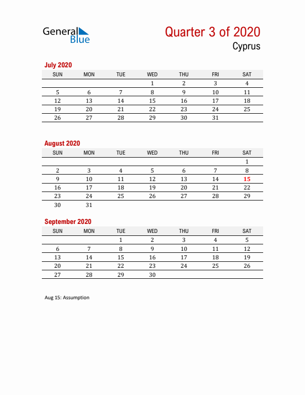 Printable Three Month Calendar with Cyprus Holidays