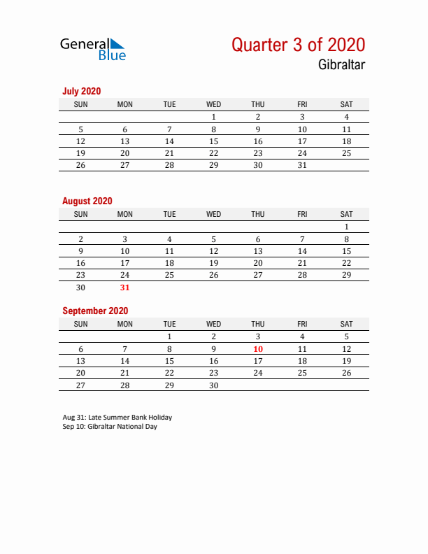 Printable Three Month Calendar with Gibraltar Holidays