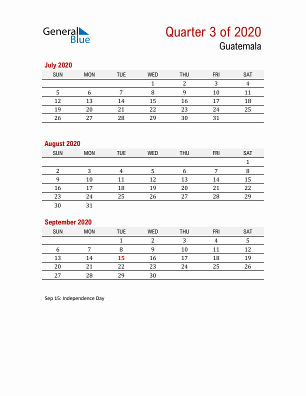 Printable Three Month Calendar with Guatemala Holidays