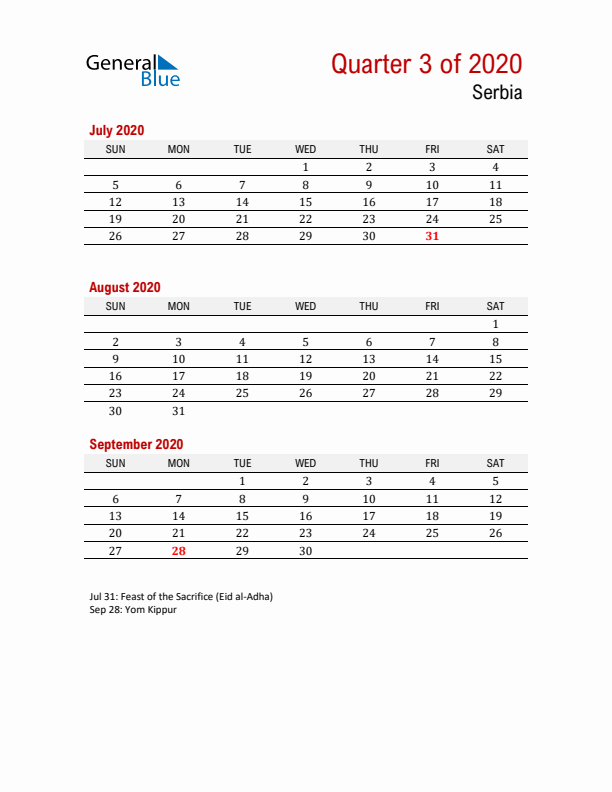 Printable Three Month Calendar with Serbia Holidays