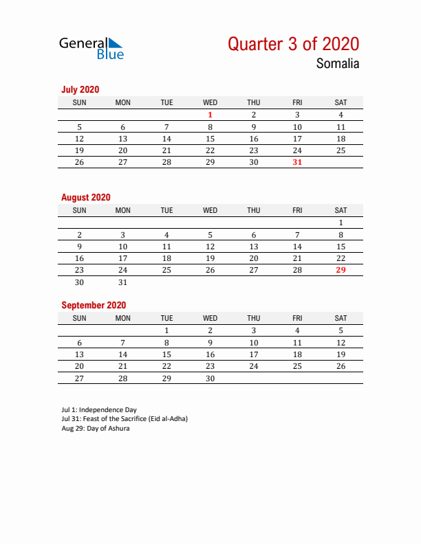 Printable Three Month Calendar with Somalia Holidays