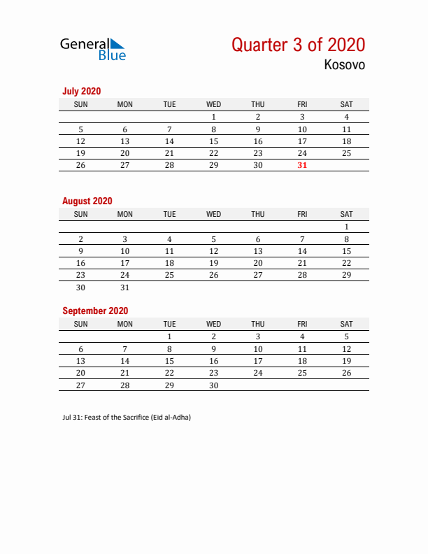 Printable Three Month Calendar with Kosovo Holidays