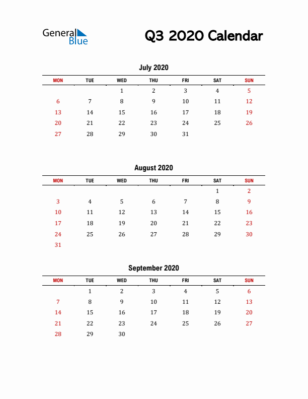 2020 Q3 Calendar with Red Weekend