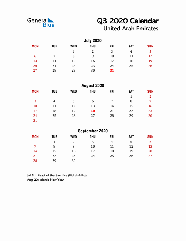 2020 Q3 Calendar with Holidays List for United Arab Emirates