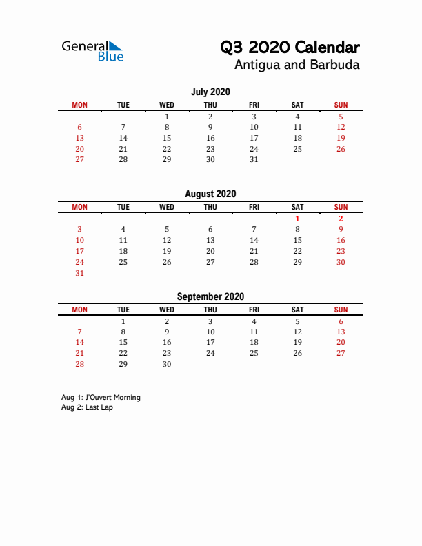 2020 Q3 Calendar with Holidays List for Antigua and Barbuda