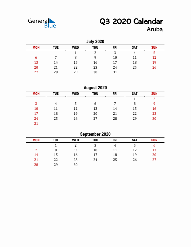 2020 Q3 Calendar with Holidays List for Aruba