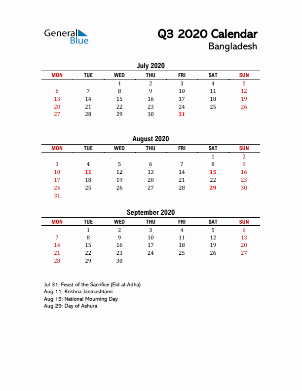 2020 Q3 Calendar with Holidays List for Bangladesh