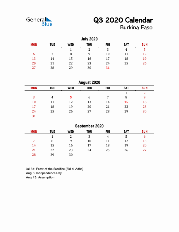 2020 Q3 Calendar with Holidays List for Burkina Faso