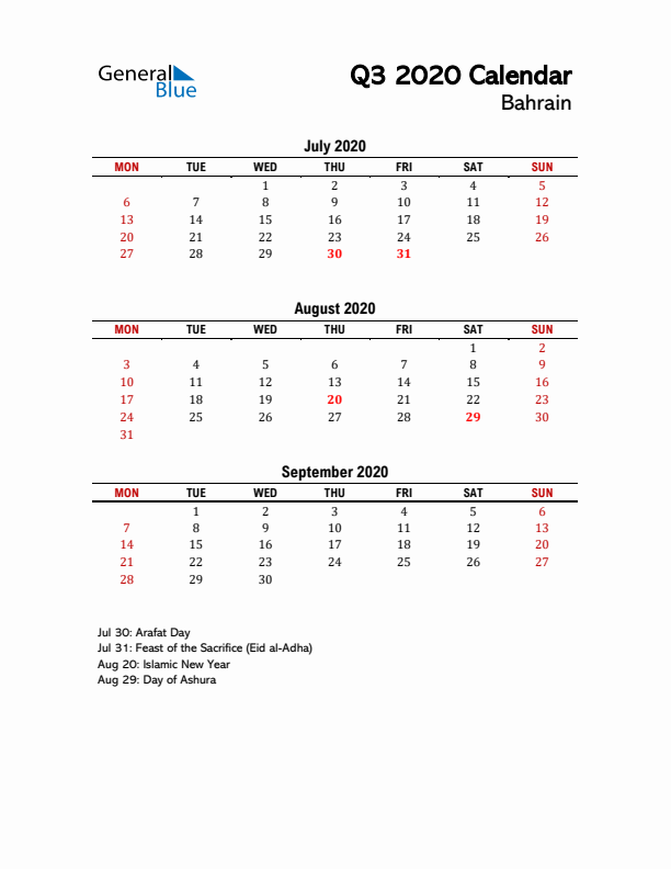 2020 Q3 Calendar with Holidays List for Bahrain