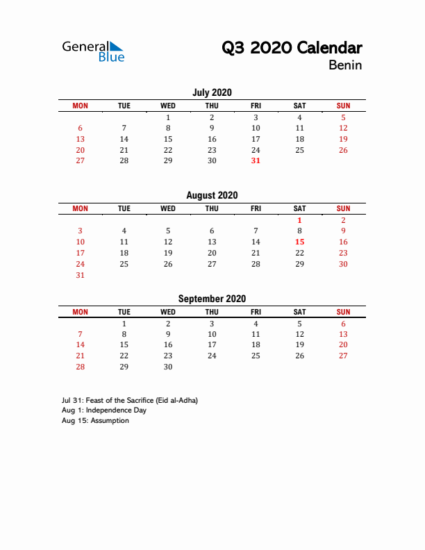 2020 Q3 Calendar with Holidays List for Benin