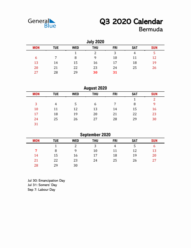 2020 Q3 Calendar with Holidays List for Bermuda