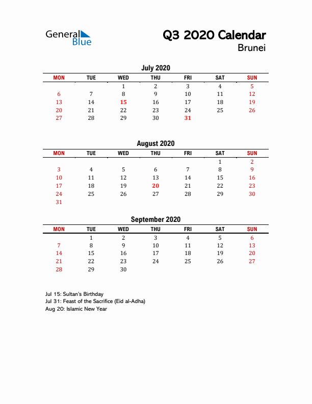 2020 Q3 Calendar with Holidays List for Brunei