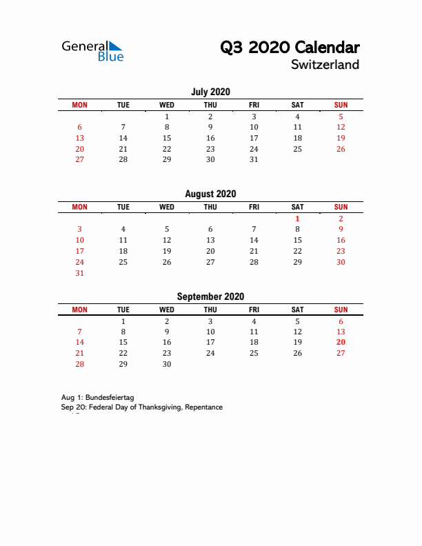 2020 Q3 Calendar with Holidays List for Switzerland