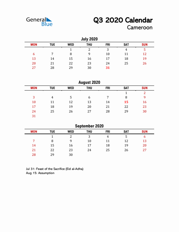 2020 Q3 Calendar with Holidays List for Cameroon