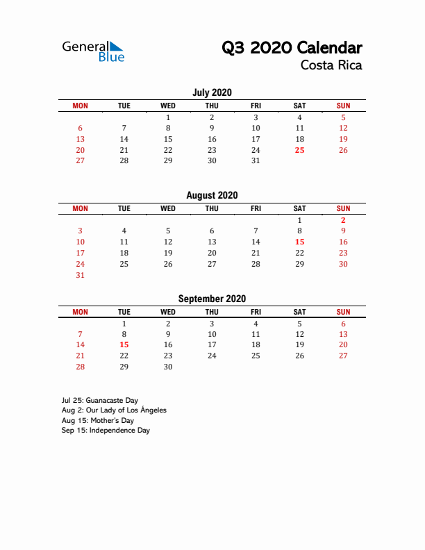 2020 Q3 Calendar with Holidays List for Costa Rica