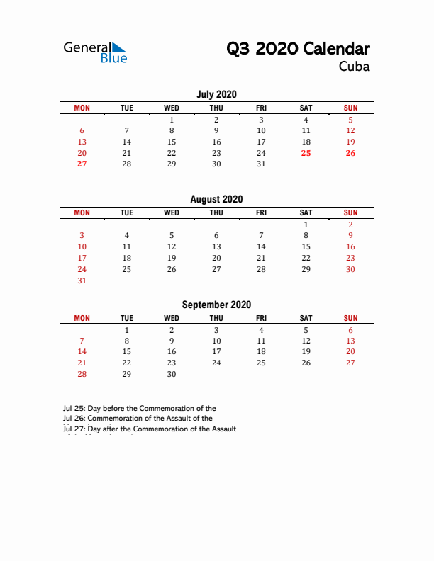 2020 Q3 Calendar with Holidays List for Cuba