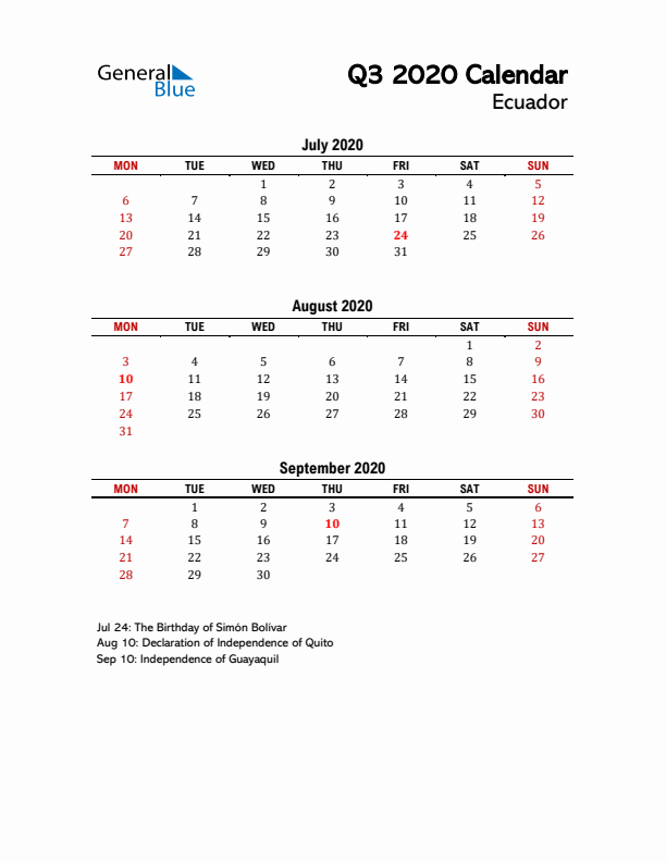 2020 Q3 Calendar with Holidays List for Ecuador