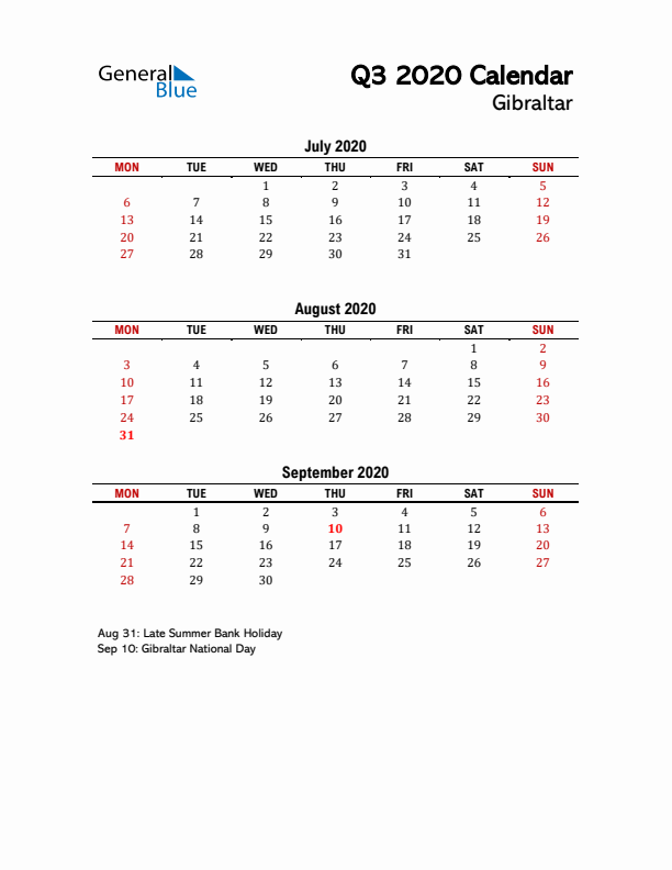 2020 Q3 Calendar with Holidays List for Gibraltar