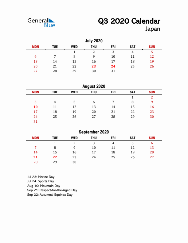 2020 Q3 Calendar with Holidays List for Japan