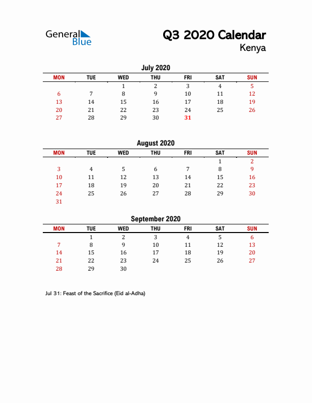 2020 Q3 Calendar with Holidays List for Kenya