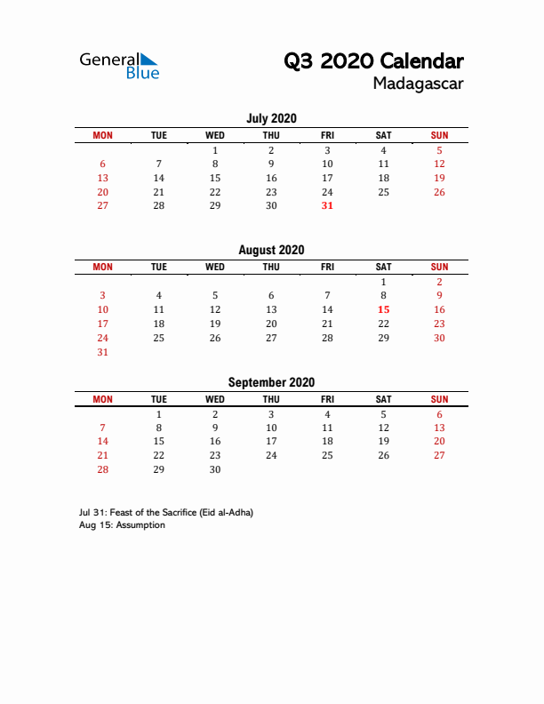 2020 Q3 Calendar with Holidays List for Madagascar