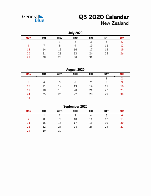 2020 Q3 Calendar with Holidays List for New Zealand