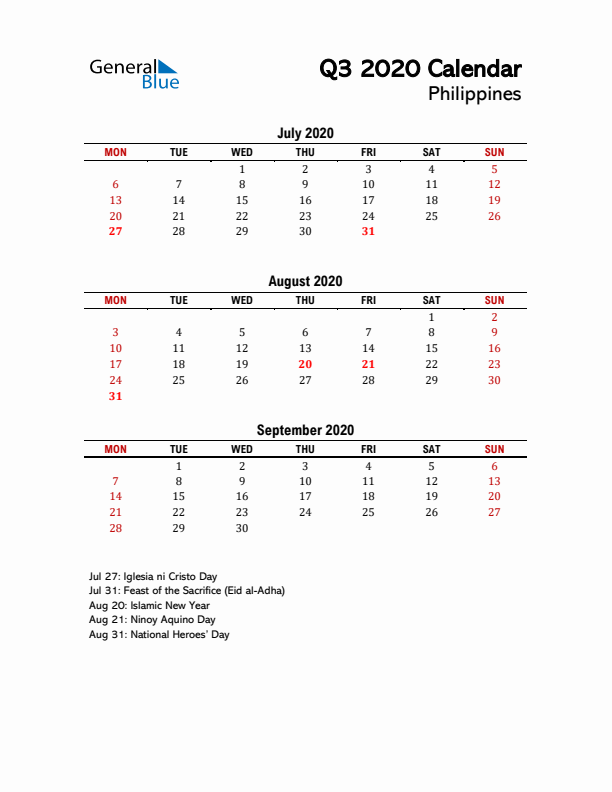 2020 Q3 Calendar with Holidays List for Philippines