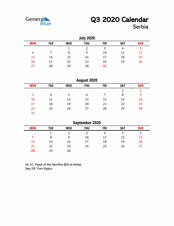 2020 Q3 Calendar with Holidays List for Serbia