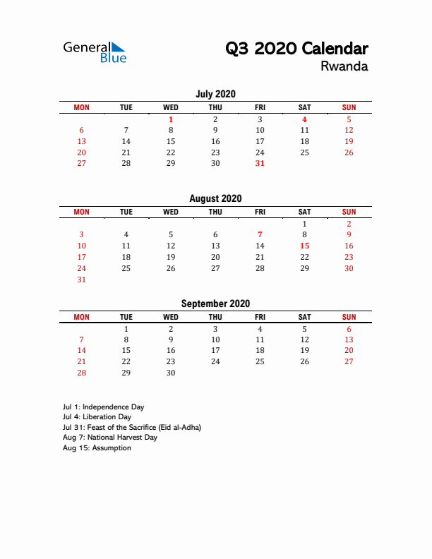 2020 Q3 Calendar with Holidays List for Rwanda