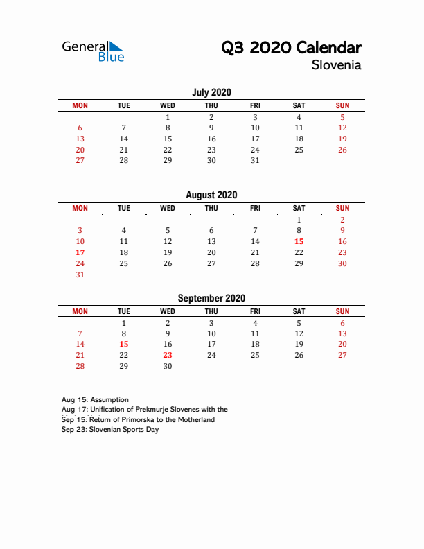 2020 Q3 Calendar with Holidays List for Slovenia