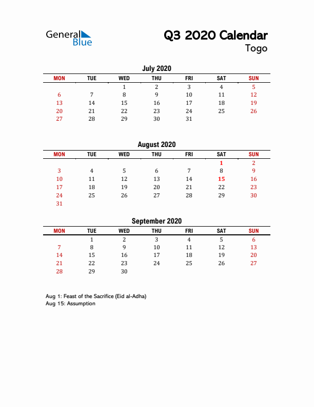 2020 Q3 Calendar with Holidays List for Togo