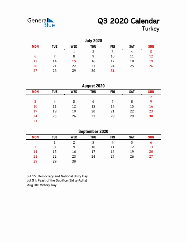 2020 Q3 Calendar with Holidays List for Turkey