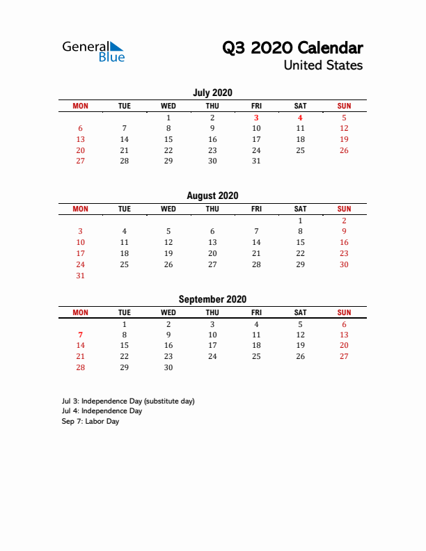 2020 Q3 Calendar with Holidays List for United States