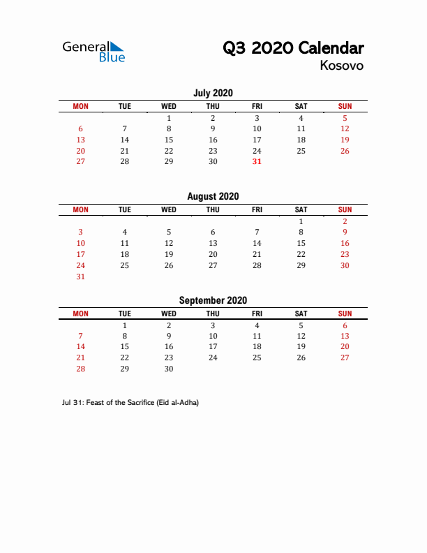 2020 Q3 Calendar with Holidays List for Kosovo