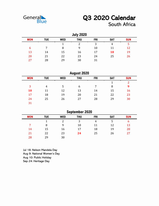 2020 Q3 Calendar with Holidays List for South Africa