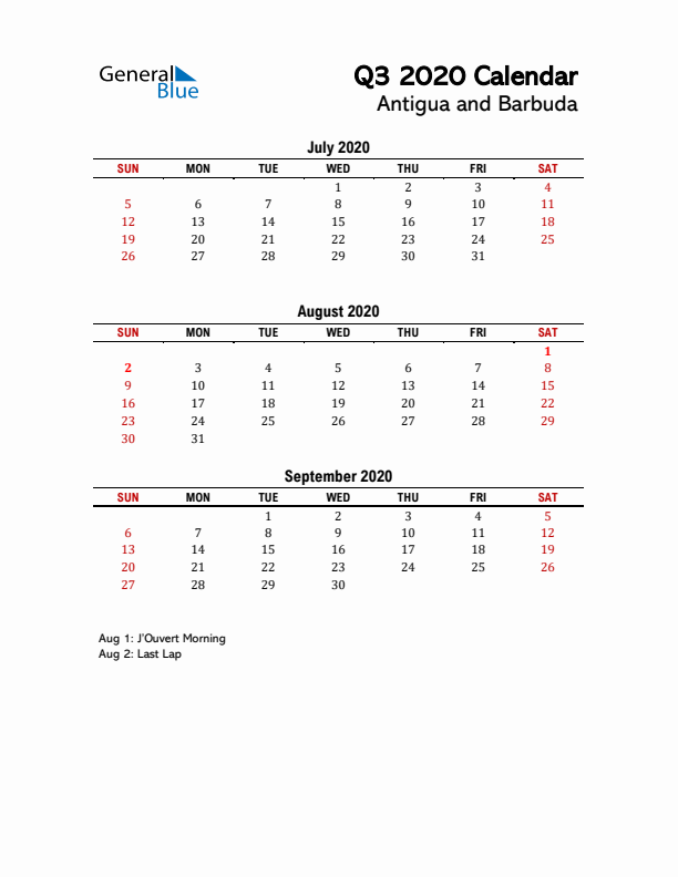 2020 Q3 Calendar with Holidays List for Antigua and Barbuda