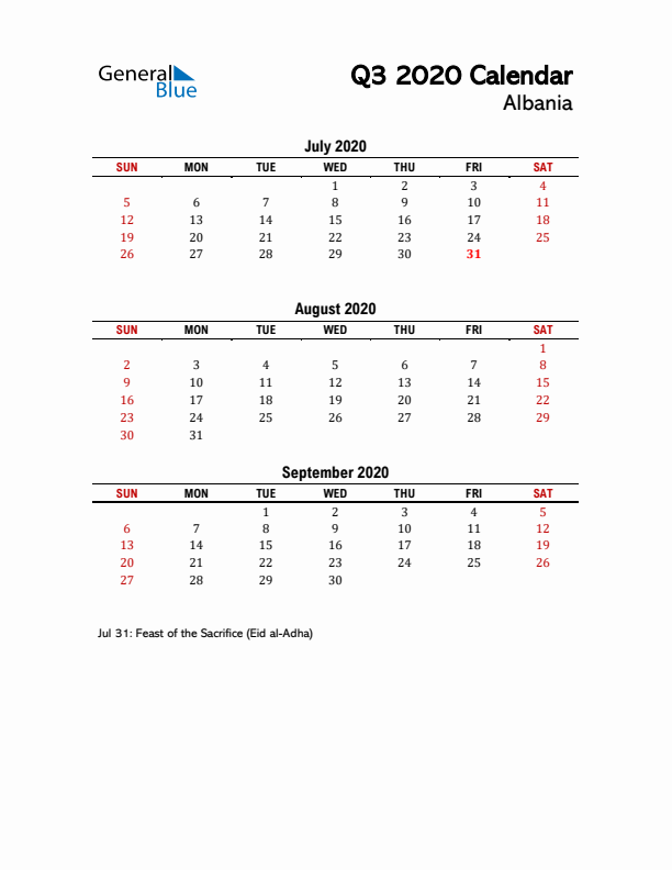 2020 Q3 Calendar with Holidays List for Albania