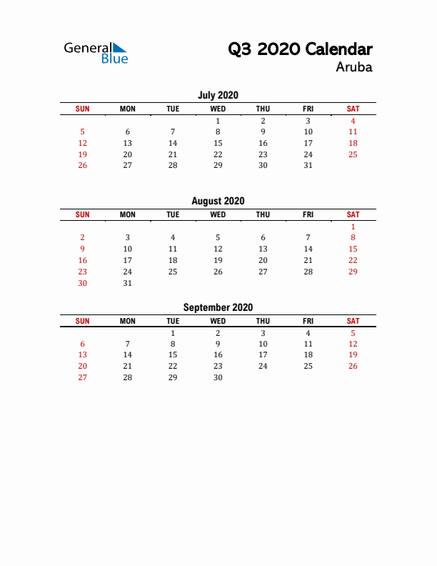 2020 Q3 Calendar with Holidays List for Aruba