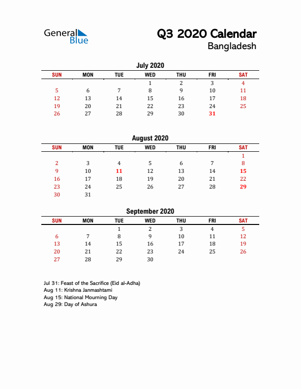 2020 Q3 Calendar with Holidays List for Bangladesh