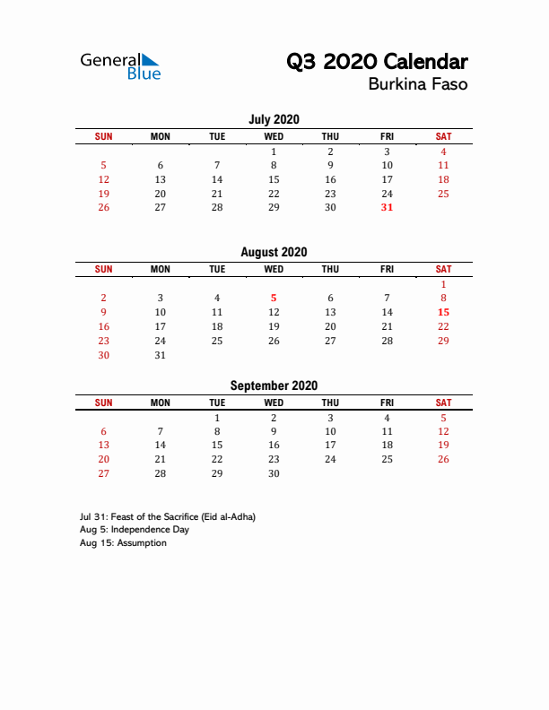 2020 Q3 Calendar with Holidays List for Burkina Faso