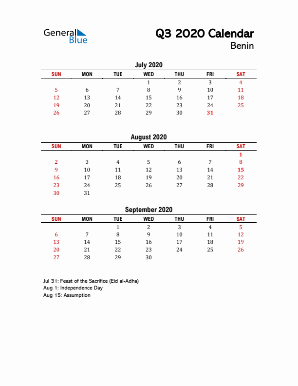 2020 Q3 Calendar with Holidays List for Benin