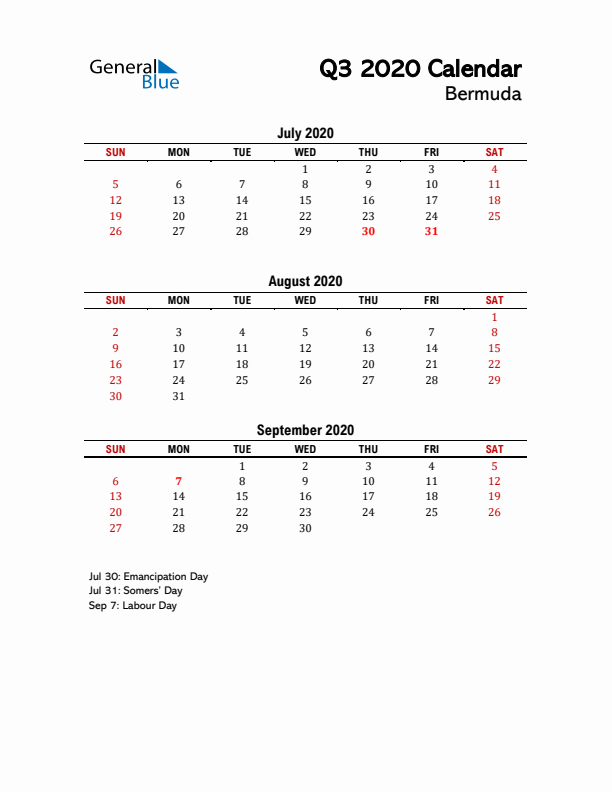 2020 Q3 Calendar with Holidays List for Bermuda