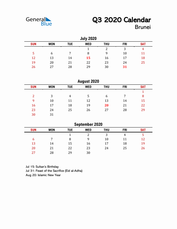 2020 Q3 Calendar with Holidays List for Brunei