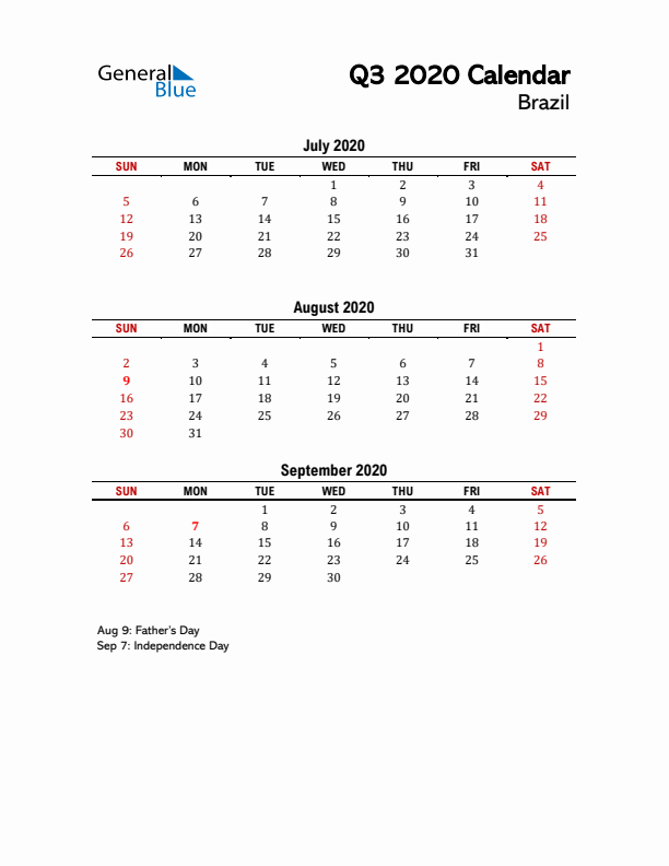 2020 Q3 Calendar with Holidays List for Brazil