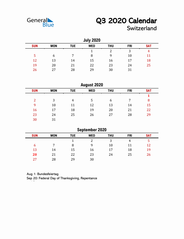 2020 Q3 Calendar with Holidays List for Switzerland