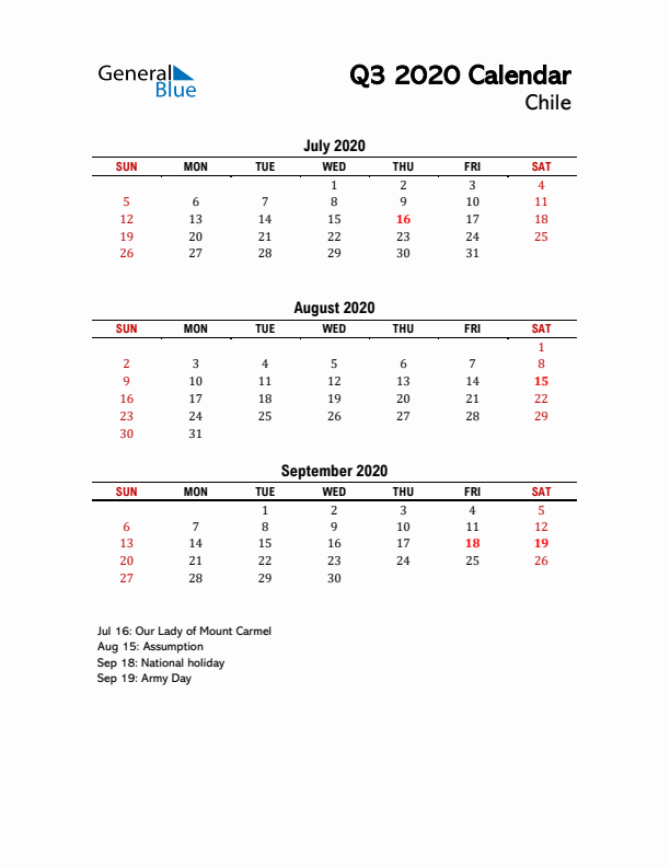 2020 Q3 Calendar with Holidays List for Chile