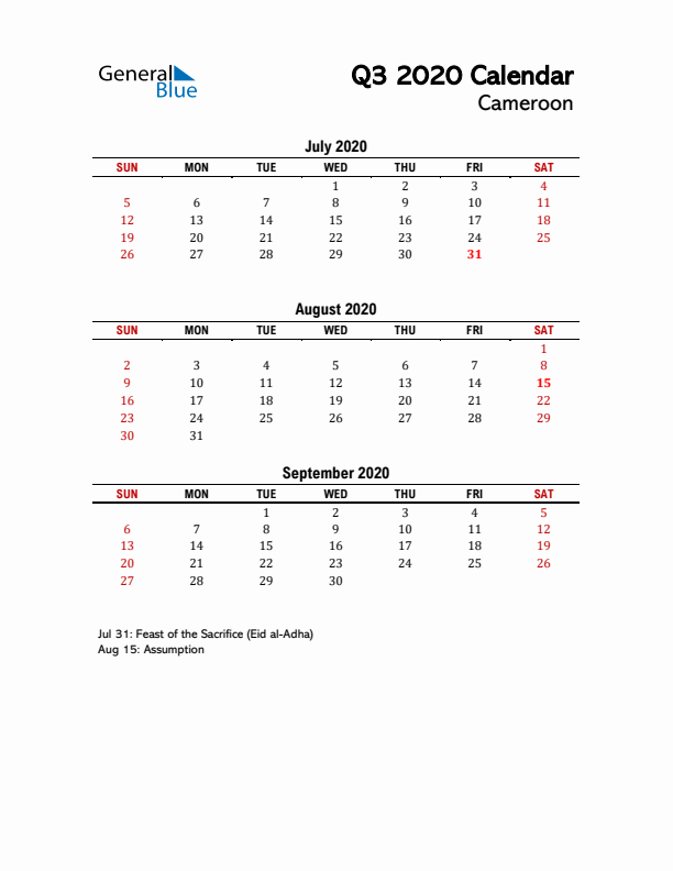 2020 Q3 Calendar with Holidays List for Cameroon