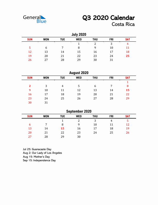 2020 Q3 Calendar with Holidays List for Costa Rica